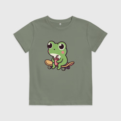 Детская футболка хлопок Забавная лягушка со стаканчиком кофе на скейтборде