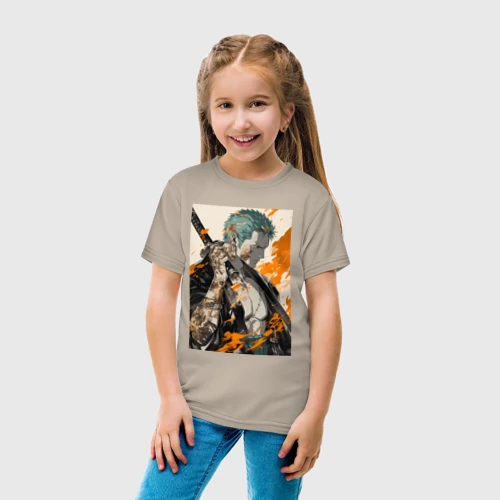 Детская футболка хлопок с принтом Ван-Пис Зоро Ророноа фехтовальщик, фото на моделе #1