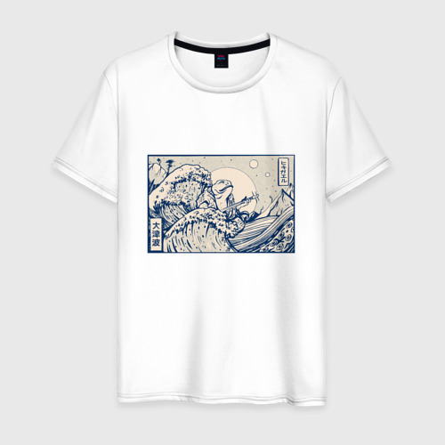 Мужская футболка из хлопка с принтом Лягушка на волнах Канагавы, вид спереди №1