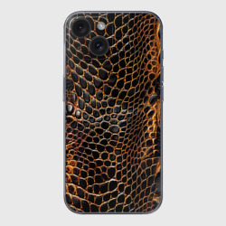 Чехол для iPhone 15 силиконовый с защитой камеры Реалистичная кожа змеи темно коричневая