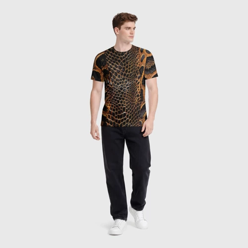 Мужская футболка 3D с принтом Реалистичная кожа змеи темно коричневая, вид сбоку #3