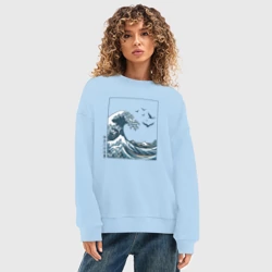 Женский свитшот oversize без начеса хлопок Большая волна в стиле японской картины винтаж - фото 2
