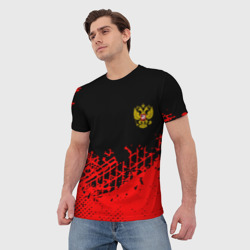 Футболка с принтом Россия герб красные краски для мужчины, вид на модели спереди №2. Цвет основы: белый