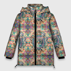Женская зимняя куртка Oversize Узор из котов и  мандалы