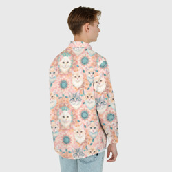 Рубашка с принтом Мандала с кошачьим  принтом для любого человека, вид сзади №2. Цвет основы: белый