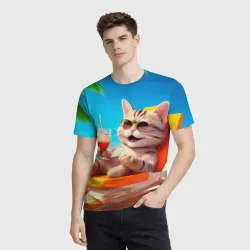 Мужская футболка 3D Счастливый кот на солнечном пляже в очках - фото 2