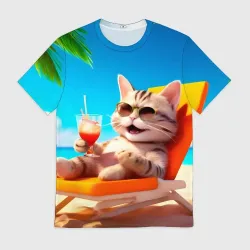 Мужская футболка 3D Счастливый кот на солнечном пляже в очках