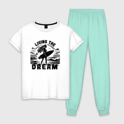 Женская пижама с белой футболкой хлопок Девушка в море с доской для серфинга винтаж