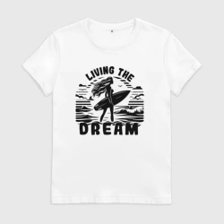 Женская футболка хлопок Девушка в море с доской для серфинга винтаж