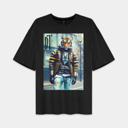 Мужская футболка Oversize хлопок premium Чувак тигр на своём районе - нейросеть