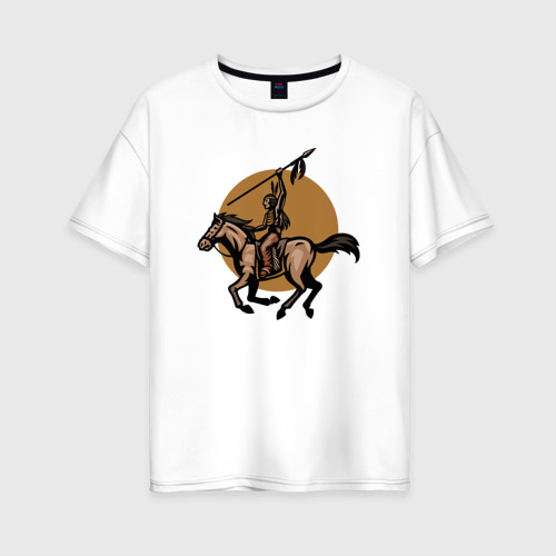 Женская футболка из хлопка оверсайз с принтом Индеец с копьём на лошади, вид спереди №1