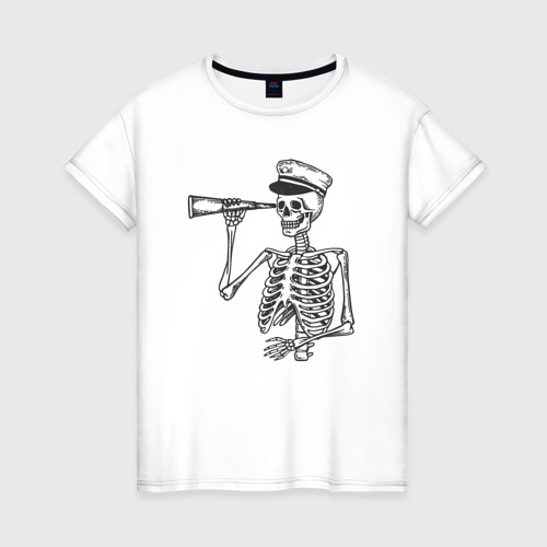 Женская футболка из хлопка с принтом Скелет капитан, вид спереди №1