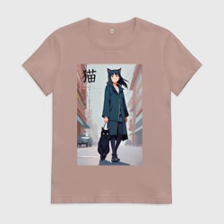 Женская футболка хлопок Девочка с кошкой в городе - нейросеть