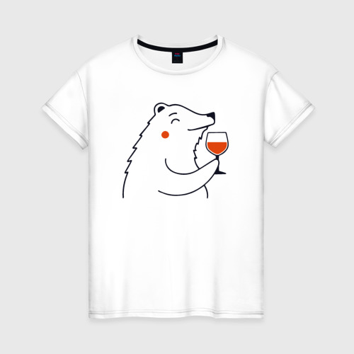 Женская футболка из хлопка с принтом Мишка с вином, вид спереди №1