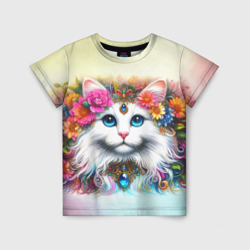 Белый кот с голубыми глазами в цветах – Детская футболка 3D с принтом купить со скидкой в -33%