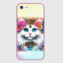 Чехол для iPhone 5/5S матовый Белый кот с голубыми глазами в цветах