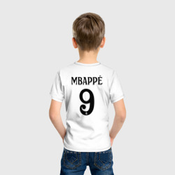 Футболка с принтом Килиан Мбаппе форма Реал Мадрид для ребенка, вид на модели сзади №2. Цвет основы: белый