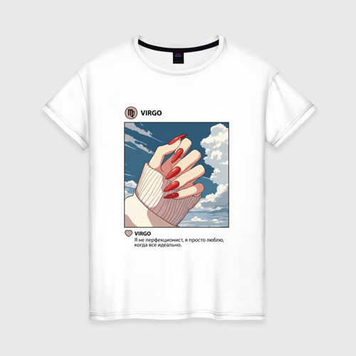Женская футболка из хлопка с принтом Знак зодиака дева аниме пост в соц сети маникюр, вид спереди №1