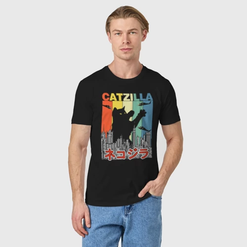 Мужская футболка хлопок с принтом Котзилла Годзилла, фото на моделе #1