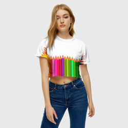 Женская футболка Crop-top 3D Разноцветные карандаши художественные - фото 2
