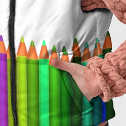 Жилет с принтом Разноцветные карандаши художественные для ребенка, вид на модели спереди №4. Цвет основы: черный