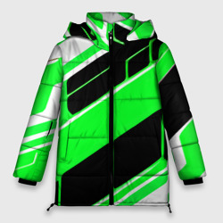 Зелёно-белые полосы и чёрный фон – Зимняя куртка оверсайз с принтом купить