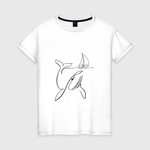 Женская футболка из хлопка с принтом Кит и лодка, вид спереди №1
