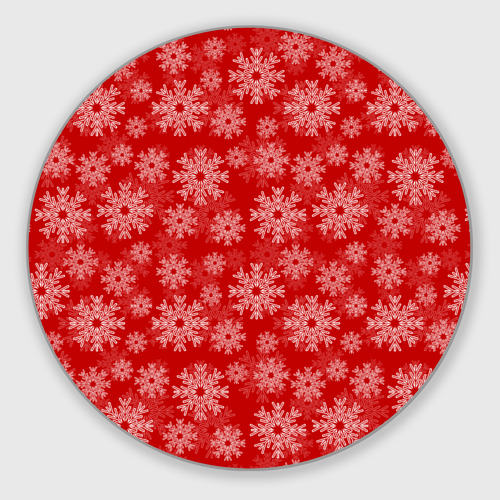 Круглый коврик для мышки с принтом Снежинки на красном фоне, вид спереди №1