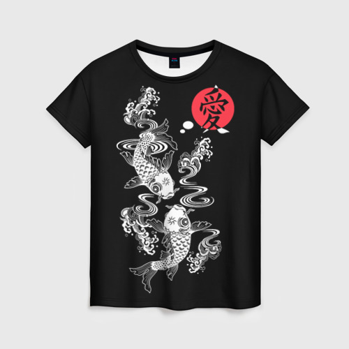 Женская футболка с принтом Любовь - японские карпы кои, вид спереди №1