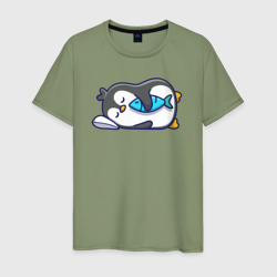 Спящий пингвин с рыбкой – Мужская футболка хлопок с принтом купить со скидкой в -20%