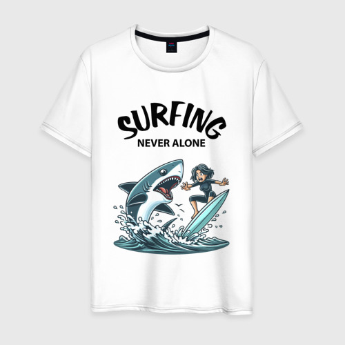 Мужская футболка из хлопка с принтом Surfing never alone - shark and girl, вид спереди №1
