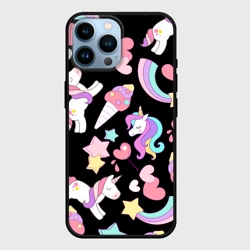 Чехол для iPhone 14 Pro Max Единорог мороженое и конфеты на черном