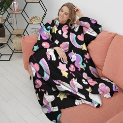 Плед с рукавами Единорог мороженое и конфеты на черном - фото 2