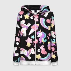 Женская толстовка 3D на молнии Единорог мороженое и конфеты на черном