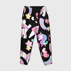 Детские брюки 3D Единорог мороженое и конфеты на черном