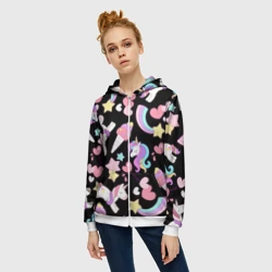 Женская толстовка 3D на молнии Единорог мороженое и конфеты на черном - фото 2