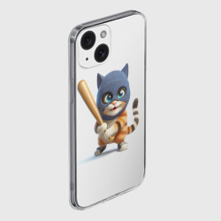 Чехол для iPhone 15 силиконовый с защитой камеры Прикольный котёнок с бейсбольной битой и в балаклаве: ai art - фото 2