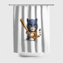 Штора 3D для ванной Прикольный котёнок с бейсбольной битой и в балаклаве: ai art