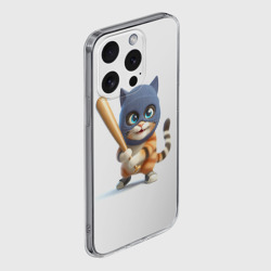 Чехол для iPhone 15 Pro Max силиконовый с защитой камеры Прикольный котёнок с бейсбольной битой и в балаклаве: ai art - фото 2