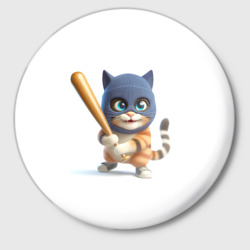 Значок Прикольный котёнок с бейсбольной битой и в балаклаве: ai art