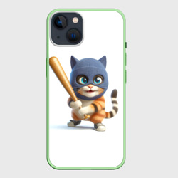 Чехол для iPhone 14 Прикольный котёнок с бейсбольной битой и в балаклаве: ai art