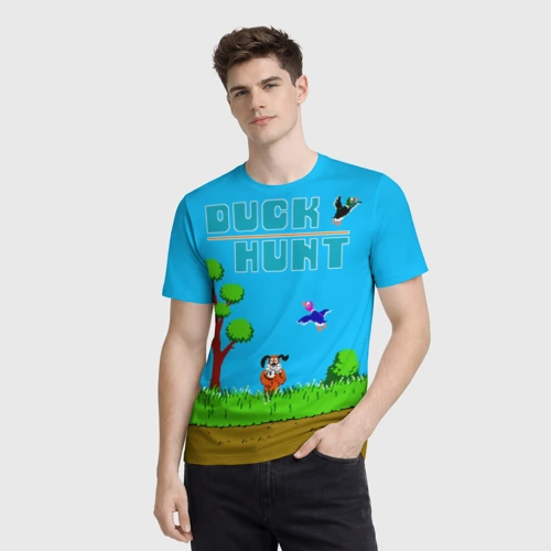 Мужская футболка 3D с принтом Duck hunt dog, фото на моделе #1