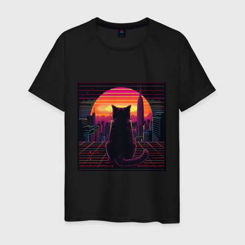 Мужская футболка из хлопка с принтом Неоновый котик в закате, вид спереди №1