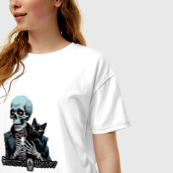 Женская футболка хлопок Oversize Скелеты в шкафу - котик и скелет - фото 2