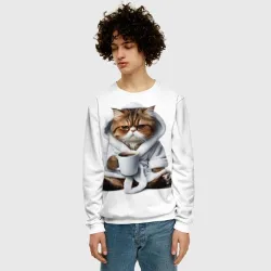Мужской свитшот 3D Котик в халате и кофе - фото 2