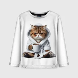 Детский лонгслив 3D Котик в халате и кофе