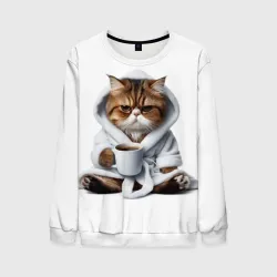 Мужской свитшот 3D Котик в халате и кофе