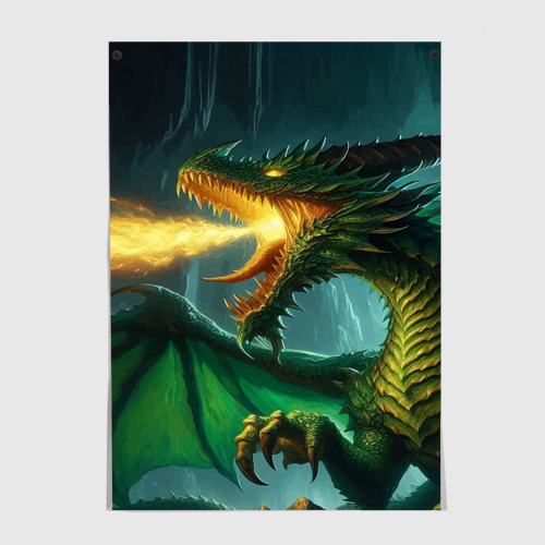 Постеры с принтом Сказочный дракон извергающий огонь - нейросеть, вид спереди №1