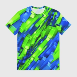 Мужская футболка 3D Сине-зеленые наклонные блоки