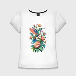 Женская футболка хлопок Slim Колибри среди цветов